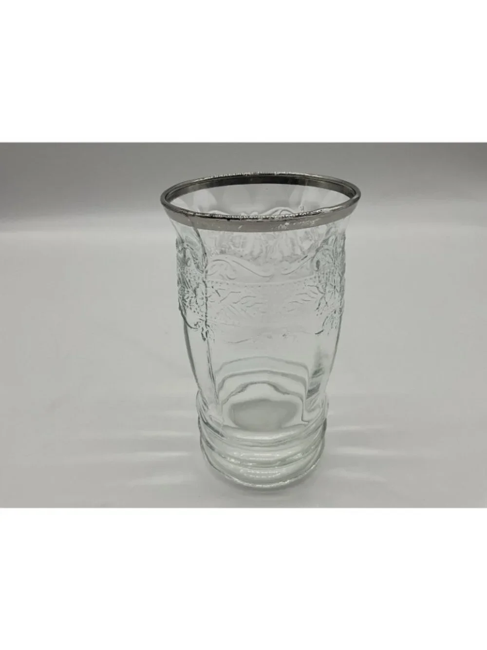 MacBeth -Evans Strippled Rose Band Clear Depression Glass Tumbler w/silver Rim
